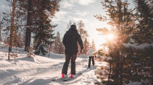 skiers walking through snow